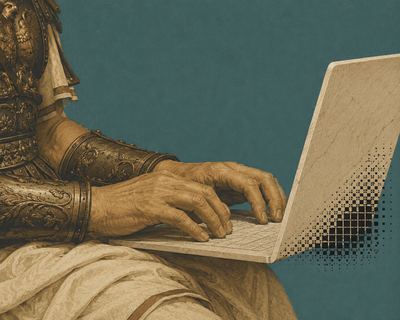 Classical statue working at a desk in a modern office