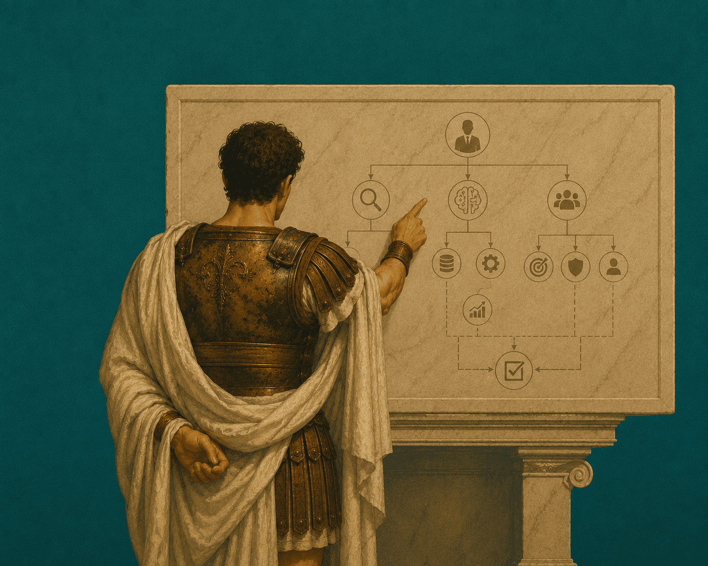 Classical statue working at a desk in a modern office